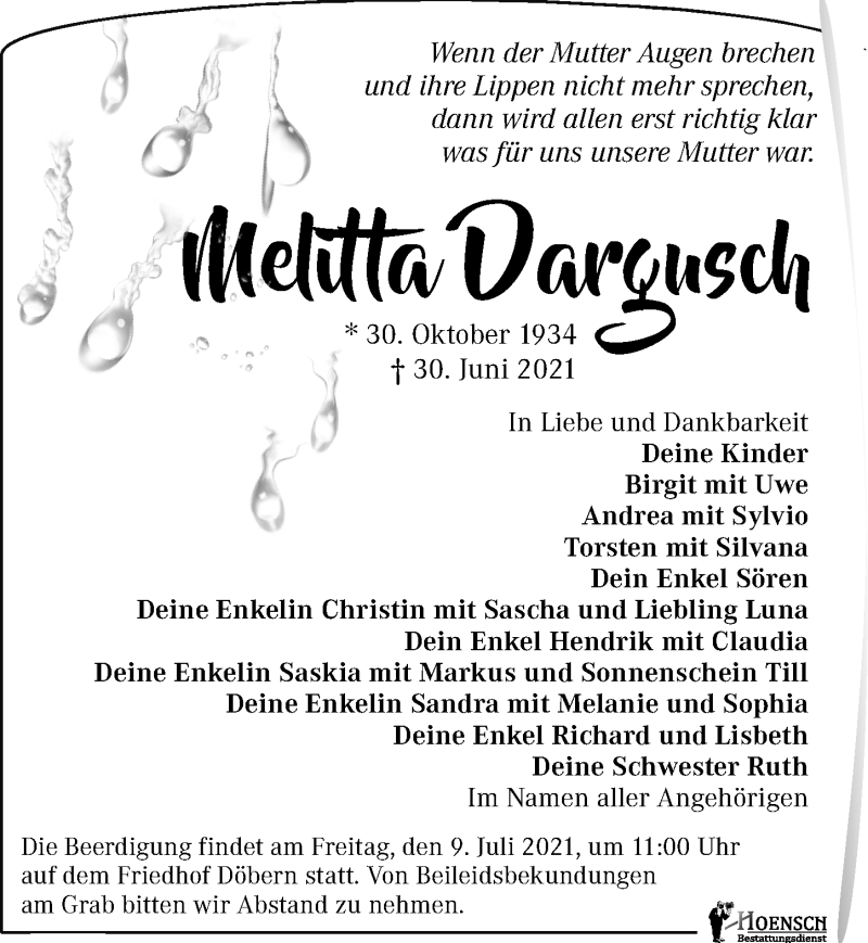  Traueranzeige für Melitta Dargusch vom 07.07.2021 aus Leipziger Volkszeitung