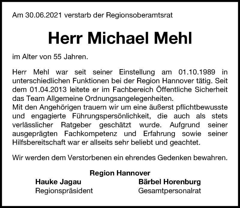  Traueranzeige für Michael Mehl vom 17.07.2021 aus Hannoversche Allgemeine Zeitung/Neue Presse