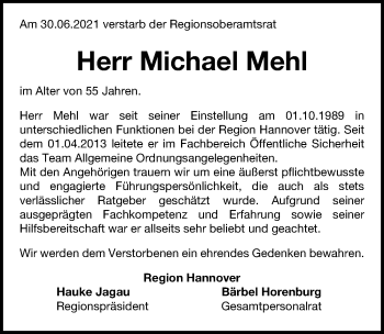 Traueranzeige von Michael Mehl von Hannoversche Allgemeine Zeitung/Neue Presse