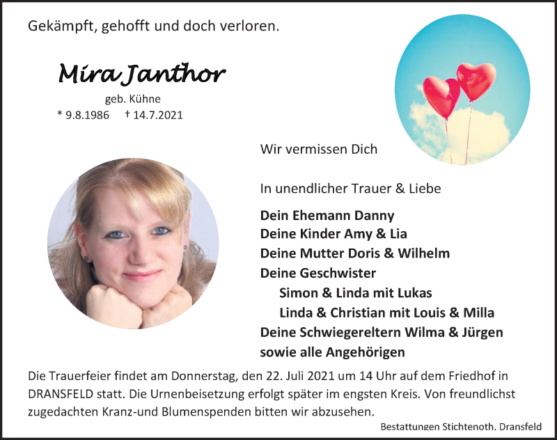  Traueranzeige für Mira Janthor vom 17.07.2021 aus Göttinger Tageblatt