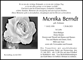 Traueranzeige von Monika Berndt von Ostsee-Zeitung GmbH