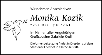 Traueranzeige von Monika Kozik von Leipziger Volkszeitung