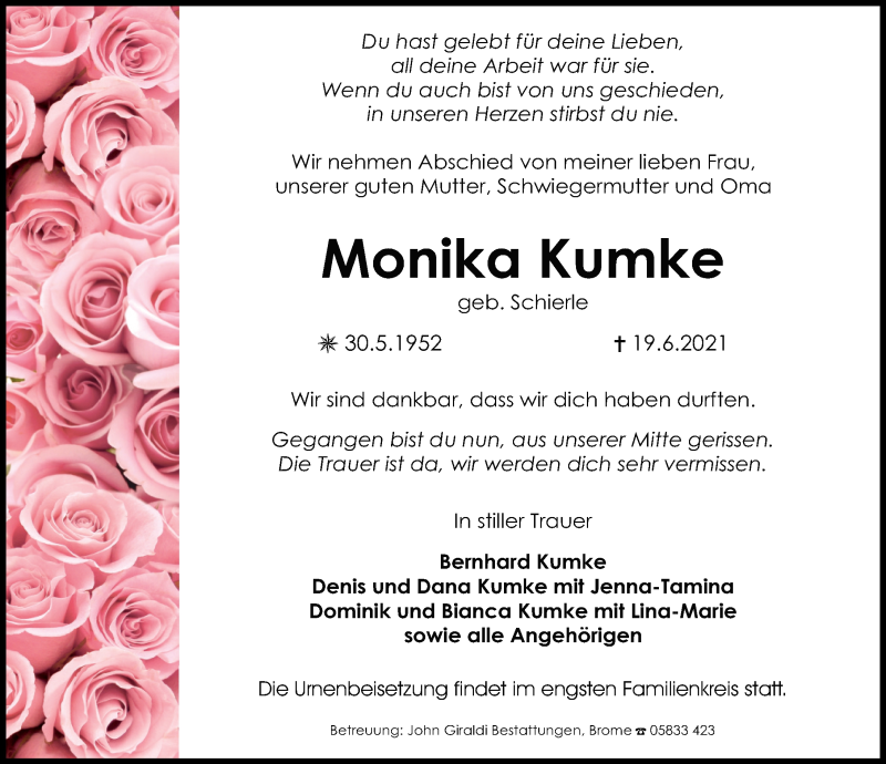  Traueranzeige für Monika Kumke vom 10.07.2021 aus Aller Zeitung