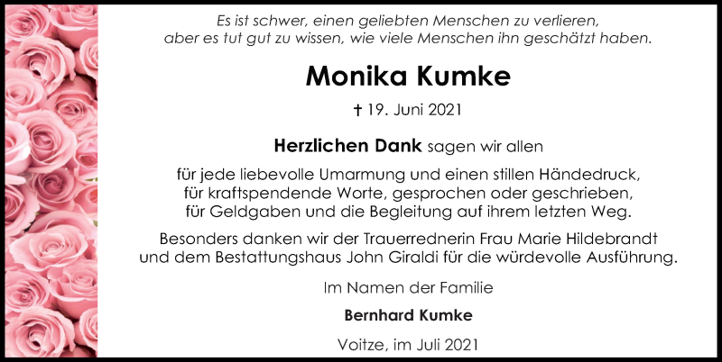  Traueranzeige für Monika Kumke vom 29.07.2021 aus Aller Zeitung