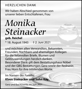 Traueranzeige von Monika Steinacker von Leipziger Volkszeitung