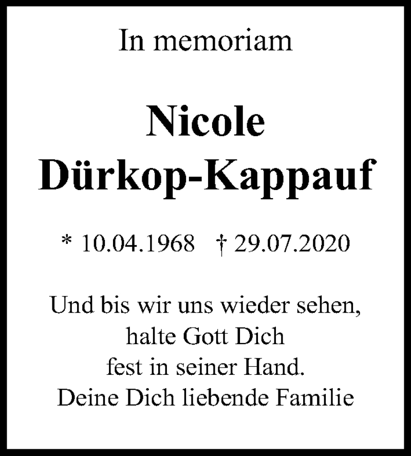 Traueranzeige für Nicole Dürkop-Kappauf vom 25.07.2021 aus Lübecker Nachrichten