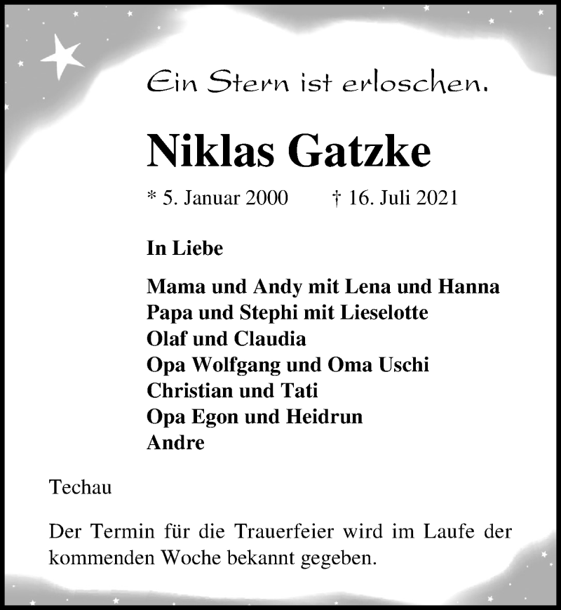  Traueranzeige für Niklas Gatzke vom 25.07.2021 aus Lübecker Nachrichten