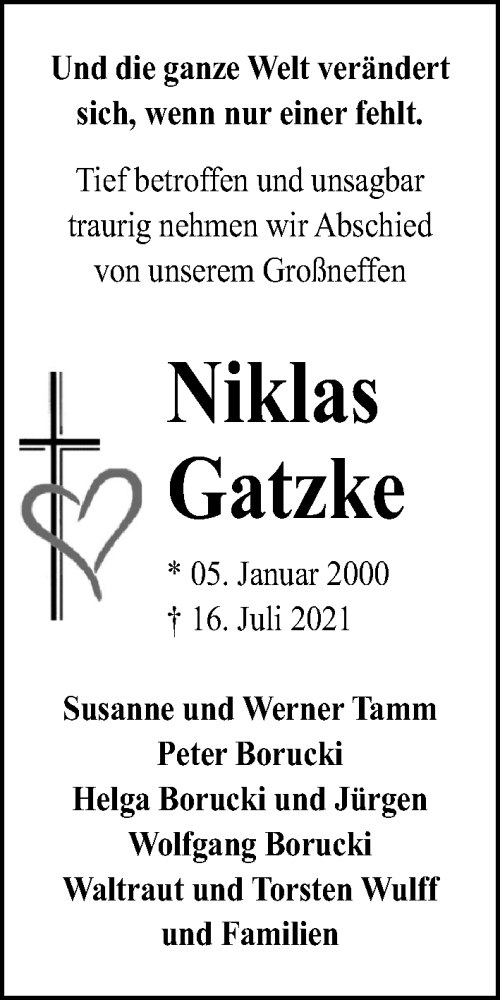  Traueranzeige für Niklas Gatzke vom 25.07.2021 aus Lübecker Nachrichten