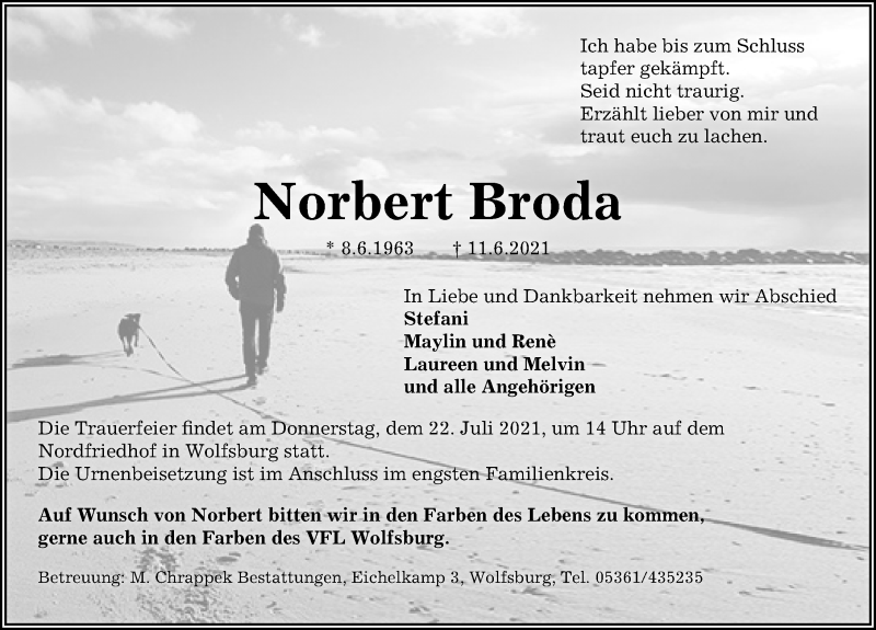  Traueranzeige für Norbert Broda vom 16.07.2021 aus Aller Zeitung