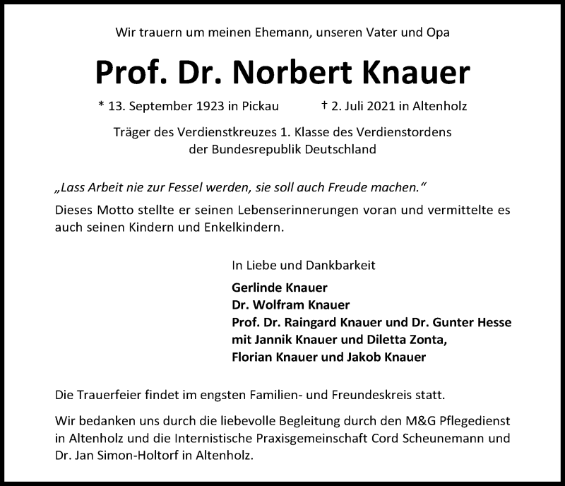  Traueranzeige für Norbert Knauer vom 10.07.2021 aus Kieler Nachrichten