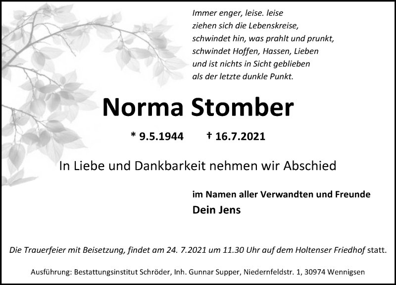  Traueranzeige für Norma Stomber vom 21.07.2021 aus Hannoversche Allgemeine Zeitung/Neue Presse
