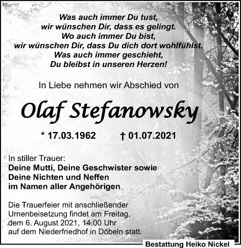  Traueranzeige für Olaf Stefanowsky vom 24.07.2021 aus Leipziger Volkszeitung