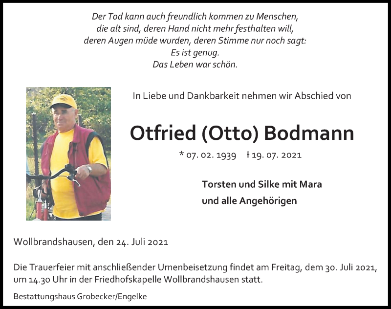  Traueranzeige für Otfried Bodmann vom 24.07.2021 aus Eichsfelder Tageblatt