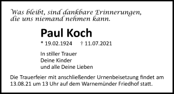 Traueranzeige von Paul Koch von Ostsee-Zeitung GmbH