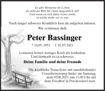 Traueranzeige von Peter Bassinger von Märkischen Allgemeine Zeitung