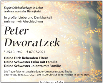 Traueranzeige von Peter Dworatzek von Leipziger Volkszeitung