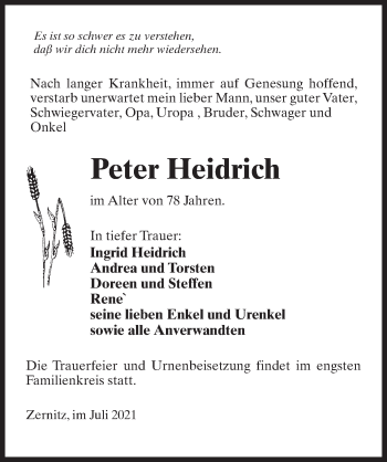 Traueranzeige von Peter Heidrich von Märkischen Allgemeine Zeitung