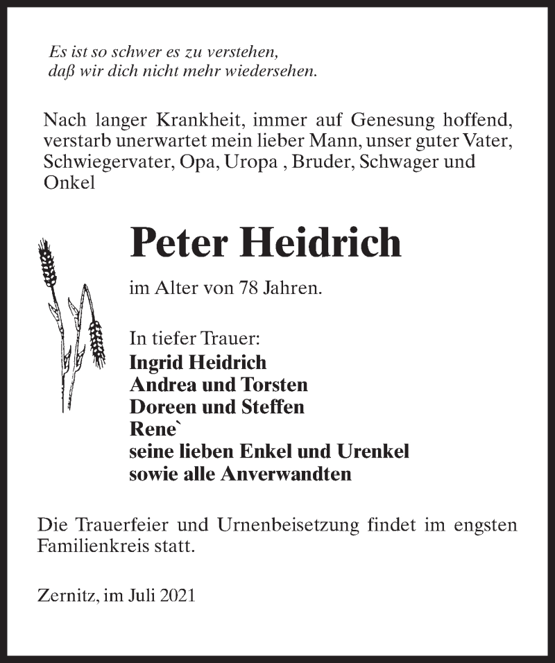 Traueranzeige für Peter Heidrich vom 17.07.2021 aus Märkischen Allgemeine Zeitung