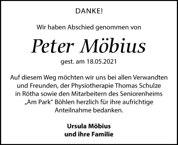 Traueranzeige von Peter Möbius von Leipziger Volkszeitung