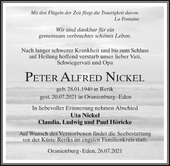Traueranzeige von Peter Alfred Nickel von Märkischen Allgemeine Zeitung