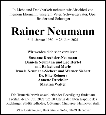 Traueranzeige von Rainer Neumann von Hannoversche Allgemeine Zeitung/Neue Presse