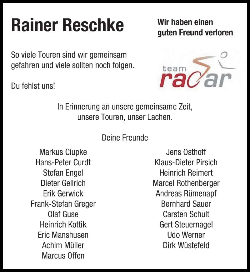  Traueranzeige für Rainer Reschke vom 17.07.2021 aus Göttinger Tageblatt