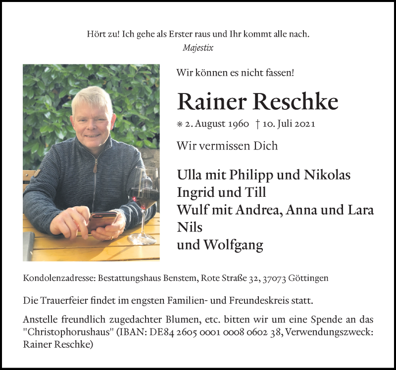  Traueranzeige für Rainer Reschke vom 17.07.2021 aus Göttinger Tageblatt