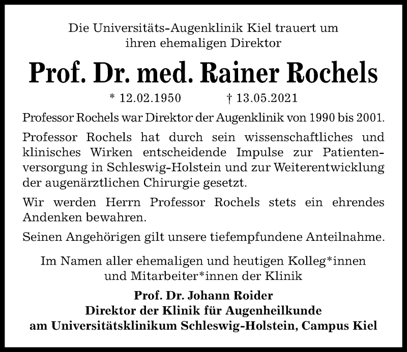  Traueranzeige für Rainer Rochels vom 03.07.2021 aus Kieler Nachrichten