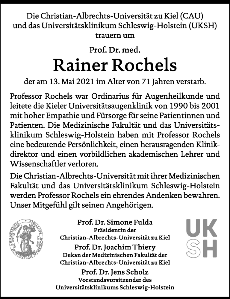  Traueranzeige für Rainer Rochels vom 03.07.2021 aus Kieler Nachrichten