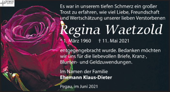 Traueranzeige von Regina Waetzold von Leipziger Volkszeitung