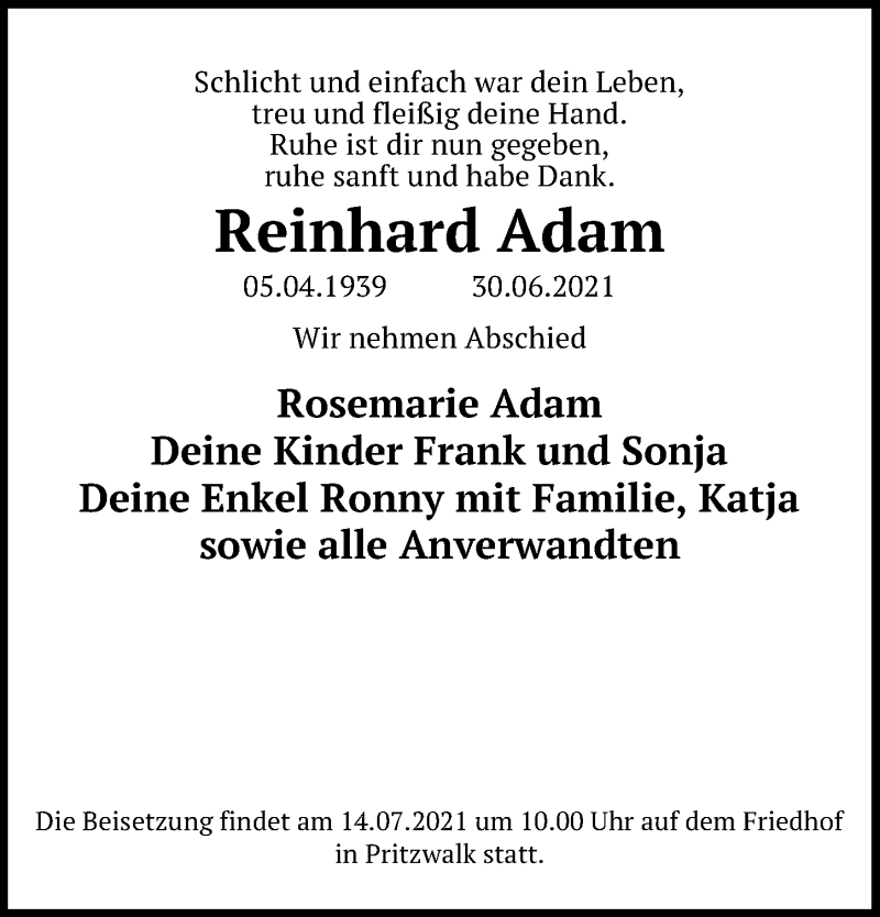  Traueranzeige für Reinhard Adam vom 10.07.2021 aus Märkischen Allgemeine Zeitung