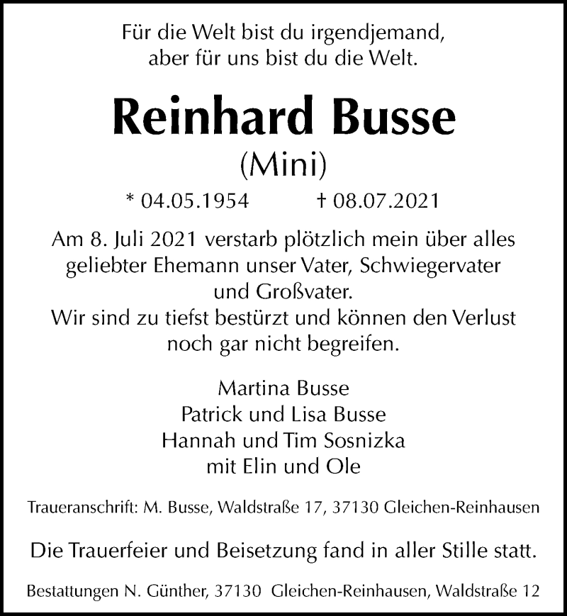  Traueranzeige für Reinhard Busse vom 17.07.2021 aus Göttinger Tageblatt