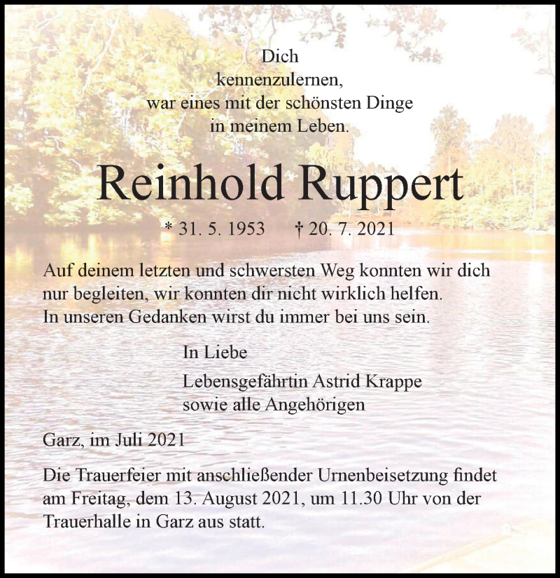  Traueranzeige für Reinhold Ruppert vom 24.07.2021 aus Ostsee-Zeitung GmbH