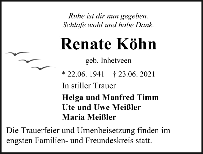  Traueranzeige für Renate Köhn vom 10.07.2021 aus Ostsee-Zeitung GmbH