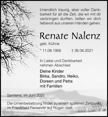 Traueranzeige von Renate Nalenz von Ostsee-Zeitung GmbH