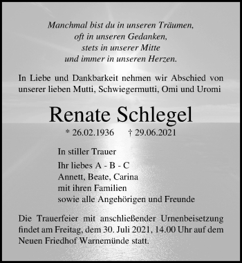 Traueranzeige von Renate Schlegel von Ostsee-Zeitung GmbH