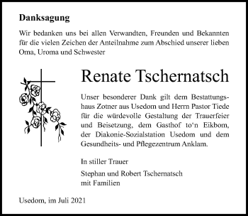 Traueranzeige von Renate Tschernatsch von Ostsee-Zeitung GmbH