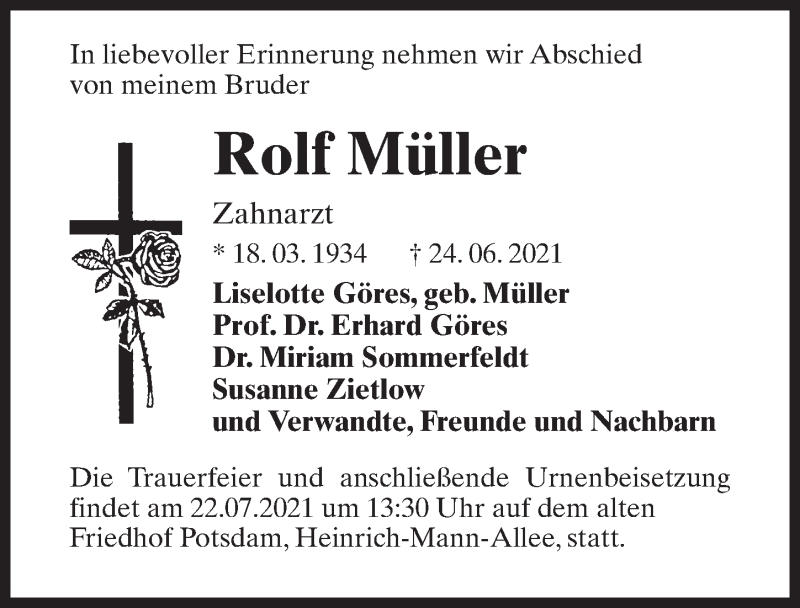 Traueranzeige für Rolf Müller vom 10.07.2021 aus Märkischen Allgemeine Zeitung