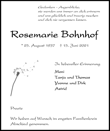 Traueranzeige von Rosemarie Bohnhof von Kieler Nachrichten