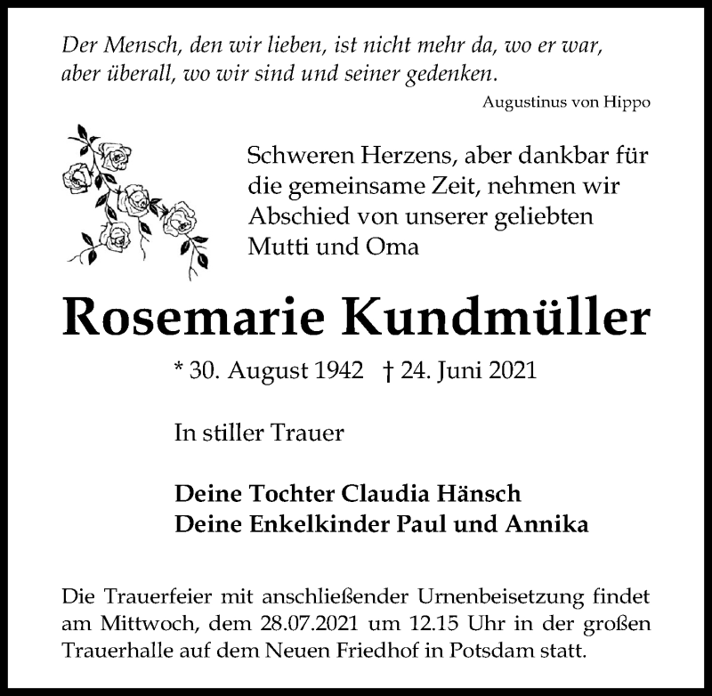  Traueranzeige für Rosemarie Kundmüller vom 10.07.2021 aus Märkischen Allgemeine Zeitung