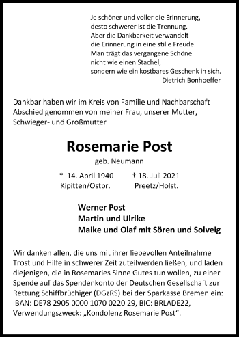 Traueranzeige von Rosemarie Post von Kieler Nachrichten