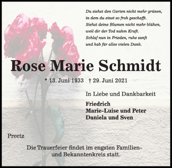 Traueranzeige von Rose Marie Schmidt von Kieler Nachrichten