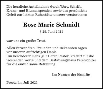 Traueranzeige von Rose Marie Schmidt von Kieler Nachrichten