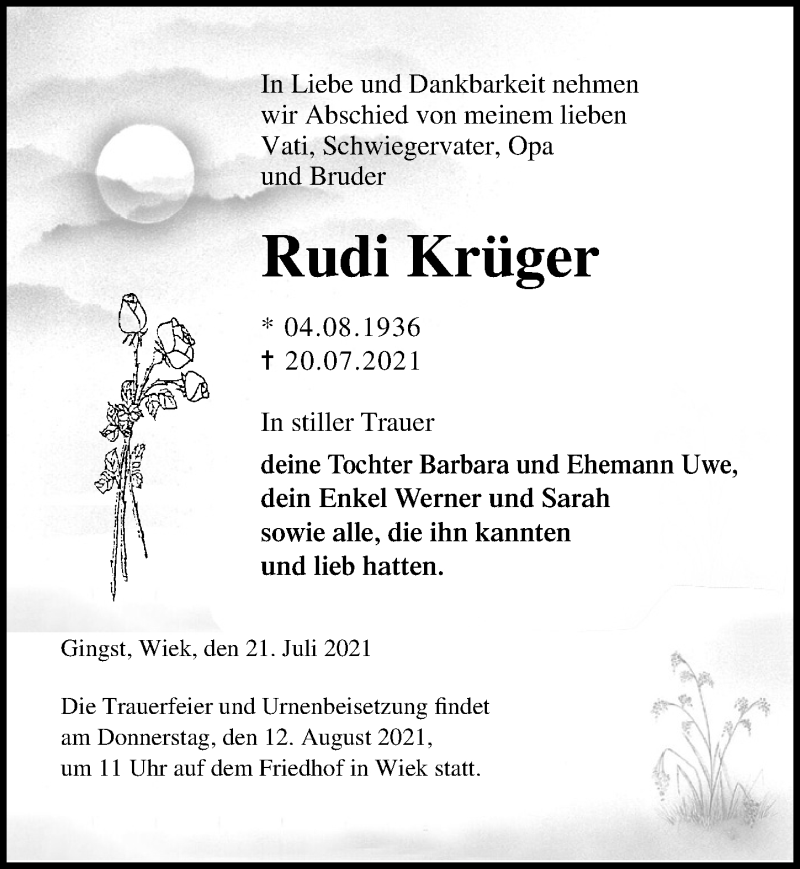 Traueranzeige für Rudi Krüger vom 24.07.2021 aus Ostsee-Zeitung GmbH