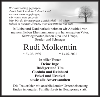 Traueranzeige von Rudi Molkentin von Märkischen Allgemeine Zeitung