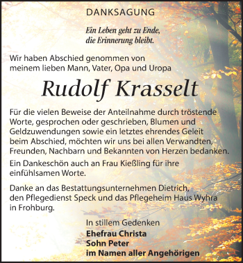 Traueranzeige von Rudolf Krasselt von Leipziger Volkszeitung