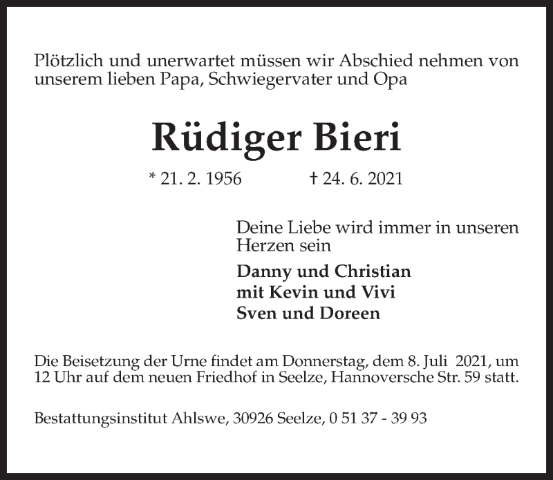  Traueranzeige für Rüdiger Bieri vom 03.07.2021 aus Hannoversche Allgemeine Zeitung/Neue Presse