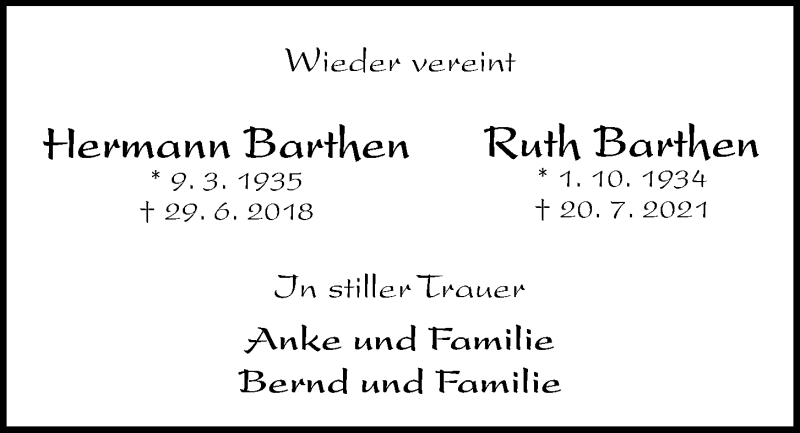  Traueranzeige für Ruth Barthen vom 31.07.2021 aus Kieler Nachrichten