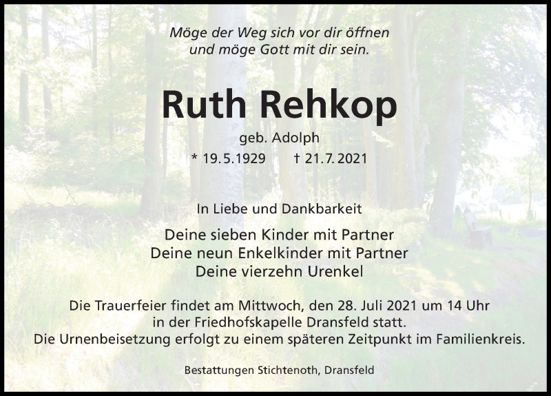 Traueranzeige für Ruth Rehkop vom 24.07.2021 aus Göttinger Tageblatt