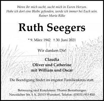 Traueranzeige von Ruth Seegers von Hannoversche Allgemeine Zeitung/Neue Presse